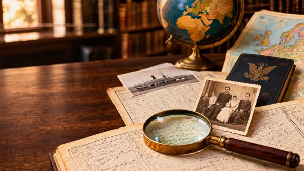 Genealogical research documents and family photograph